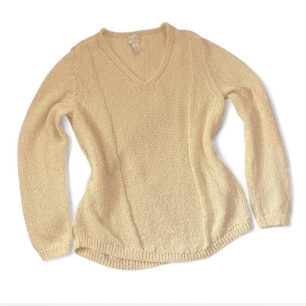 Chico’s Cream Gold Metallic Knit Sweater V Neck Cozy Size 2 - Picture 2 of 7